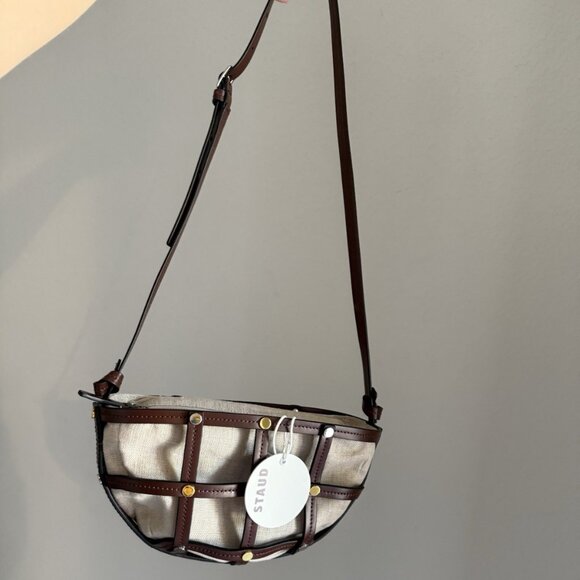 NWT STAUD Sebastian Caged Leather &Linen Shoulder crossbody bag NEW w/ dust bag - Picture 13 of 16